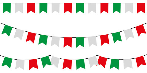 Green white and red. Multicolored party garlands with pennants. Vector buntings set II.