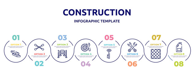 construction concept infographic design template. included firewood trunks stacked, lug wrench, car lift, tyre, antique key, double wrench, tile, jerrycan icons and 8 option or steps.