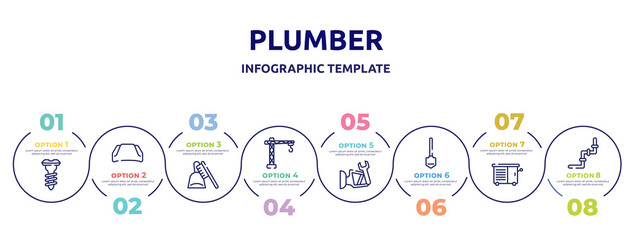 plumber concept infographic design template. included screw, hood, dustpan and brush, lifter, side mirror, working shovel, vise, junction icons and 8 option or steps.
