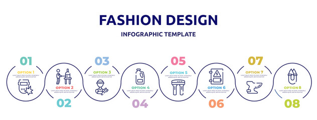 fashion design concept infographic design template. included weld, glassblowing, plumber, detergent, water filter, electrical panel, bidet, handheld icons and 8 option or steps.