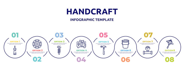 handcraft concept infographic design template. included norigae, applique, screws, green power, hammering, water bucket, gas pipe, japanese umbrella icons and 8 option or steps.