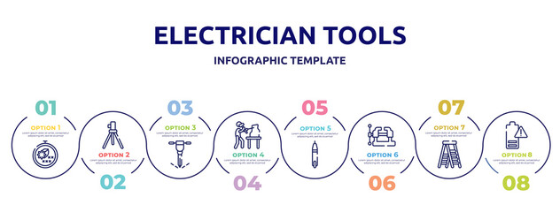 electrician tools concept infographic design template. included cross stitch, geodetic, puncture, sculptor, voltage indicator, vice, stepladder, empty battery icons and 8 option or steps.