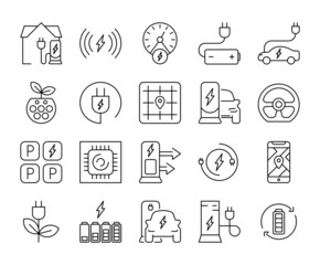 EV Set of Battery Electric car with editable stroke line icons 2. E-Mobility charger vector illustrations.	
