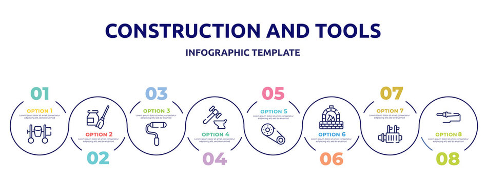 construction and tools concept infographic design template. included cement mixer, turquoise, painted, blacksmith, timing belt, kiln, starter, soldering icons and 8 option or steps.