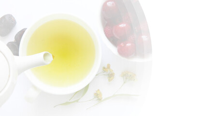 tea cup teapot cherry sweets white horizontal banner empty text frame