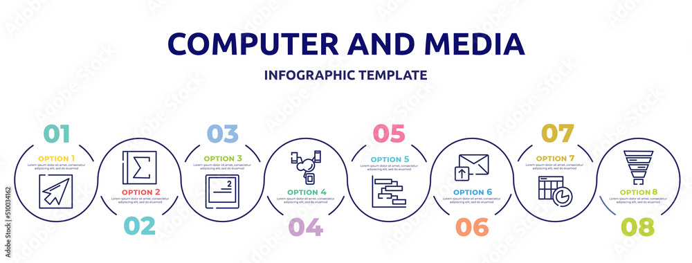 Poster computer and media concept infographic design template. included mouse pointer, spreadsheet with sum