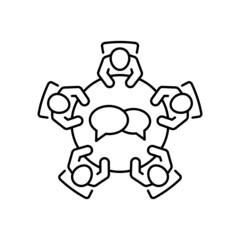 Brainstorming and teamwork icon. Business meeting. 
Discussion group. Debate team. Group of people  sitting around a table working together on new creative projects.