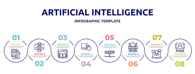 artificial intelligence concept infographic design template. included diagtic tool, spyware, webpage, touchpad, network hub, battery status, webinar, hologram icons and 8 option or steps.