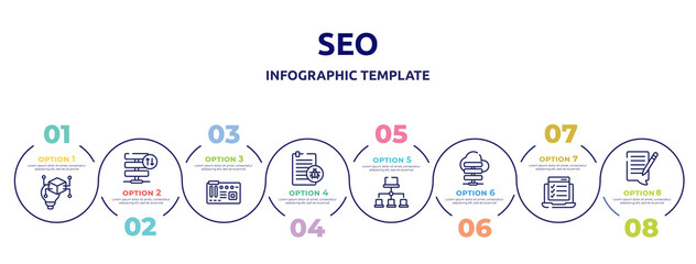 Fototapeta na wymiar seo concept infographic design template. included invention, server traffic, motherboard, corrupt file, site map, cloud server, online test, blogging icons and 8 option or steps.