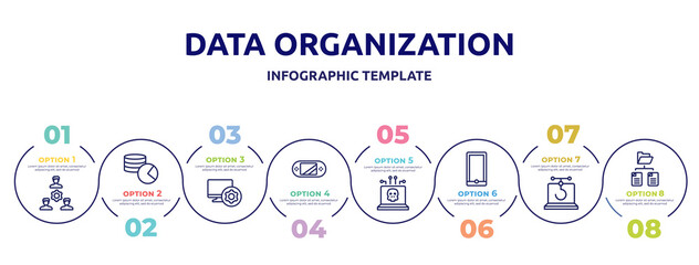 data organization concept infographic design template. included work team, database usage, computer tings, handheld console, dangerous, mobile phones, phishing, folder network icons and 8 option or