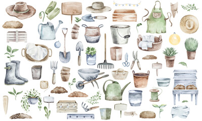 Gardening clipart. Watercolor set with isolated elements. Boho illustration. Flowers in pots, apron, scissors, hat, clothes, boots, greenery, gloves, pots, baskets. Planting seedlings, seedlings