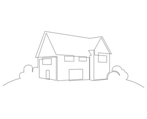 Simple country house surrounded by lush greenery in continuous line art drawing style. Suburban home minimalist design isolated on white background. Vector illustration.