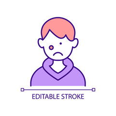 Teenager suffering from acne RGB color icon. Puberty pimples. Hormonal changes in teens. Blackheads on face. Isolated vector illustration. Simple filled line drawing. Editable stroke. Arial font used