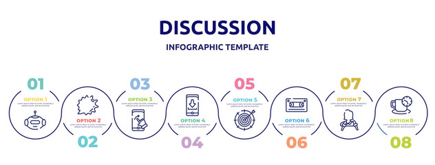 discussion concept infographic design template. included bot, shout, swipe right, install, taget, audio tape, journalist, coffee break icons and 8 option or steps.
