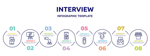 interview concept infographic design template. included mms, projection, testimonial, low, attraction, magnetic, verified, tribune icons and 8 option or steps.