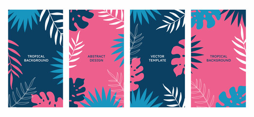 Vector tropical summer set of social media story design templates. Minimalistic style. Abstract prints for cover templates, banners, backgrounds, packaging, branding, advertising.