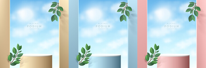 Set of pink, yellow, blue, white realistic 3d cylinder stand podium with blue sky background and green leaf. Vector geometric forms. Abstract minimal scene for mockup products display. Stage showcase.