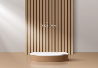 Realistic brown wood and white 3D cylinder pedestal podium with vertical wood pattern background. Abstract minimal scene for mockup products, stage showcase, promotion display. Vector geometric forms. - obrazy, fototapety, plakaty