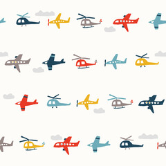 Cute seamless pattern with color planes and helicopters - obrazy, fototapety, plakaty