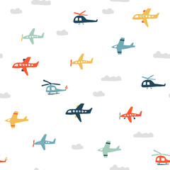 Cute seamless pattern with color planes and helicopters
