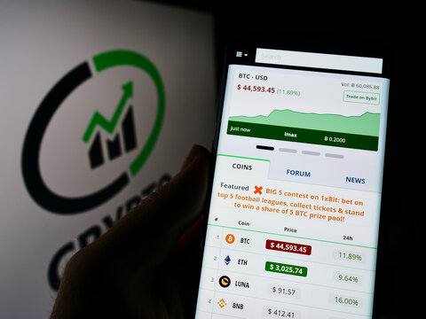 Stuttgart, Germany - 02-26-2022: Person holding cellphone with website of British financial company CryptoCompare on screen in front of logo. Focus on center of phone display.