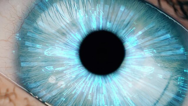 Bionic human eye retinal scanning. Contact lens hud interface. Zoom in to eyeball with augmented reality.