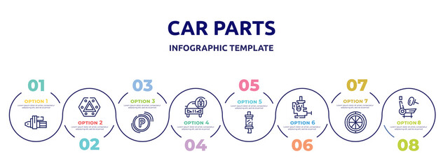 car parts concept infographic design template. included car starter, car hazard lights, parking light, lock, silencer, choke, spare wheel, air bag icons and 8 option or steps.