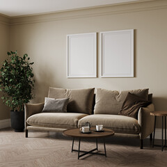 two blank frame mock up on white wall in room with beige sofa and decoration, 3d rendering