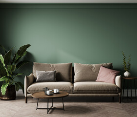 Home interior mock-up with broen sofa, table and decor in green living room, 3d render