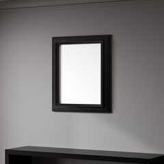 Blank frame on gray wall mock up, vertical black poster frame on wall, picture frame isolated on a wall, mock up for picture or photo frame, empty frame, 3d render