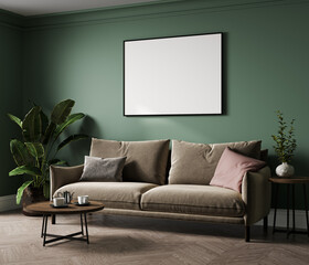 Painting art mockup horizontal frame hanging in the wall above beige velvet sofa in green interior decorated with plants. Illustration, 3d rendering
