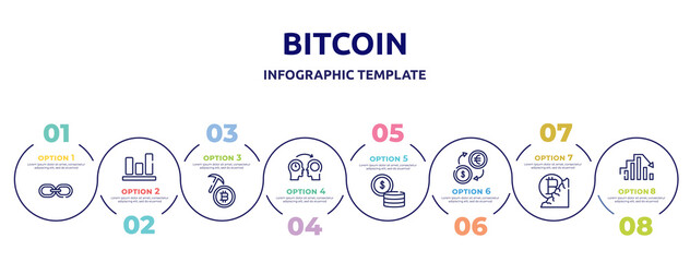 bitcoin concept infographic design template. included web link, bar graphic, bitcoin mining, mentor, money, money exchange, bitcoin mine, peak icons and 8 option or steps.