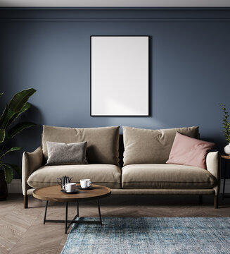 Blank Picture Frame Mock Up In Blue Room Interior , 3d Rendering