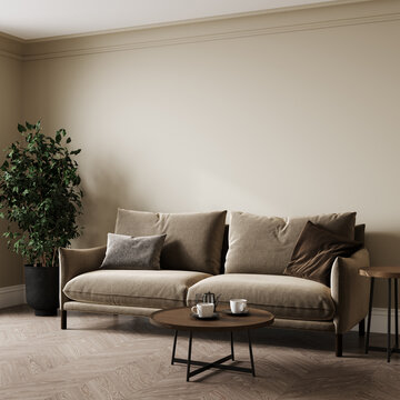 Stylish interior of bright living room with beige sofa, plant and coffee table with decoration. Living room interior mockup. Modern design room with bright daylight. 3d render