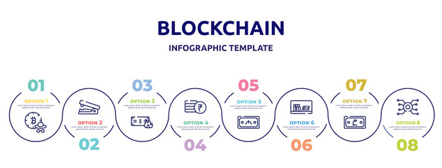 Fototapeta na wymiar blockchain concept infographic design template. included business plan, responsability, outcome, coupons, dollar, basic needs, affiliate, video card icons and 8 option or steps.