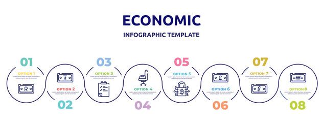 Fototapeta na wymiar economic concept infographic design template. included time mind, criminal, fintech, annonymous, water hine, card payment, crowdfunding, cash money icons and 8 option or steps.