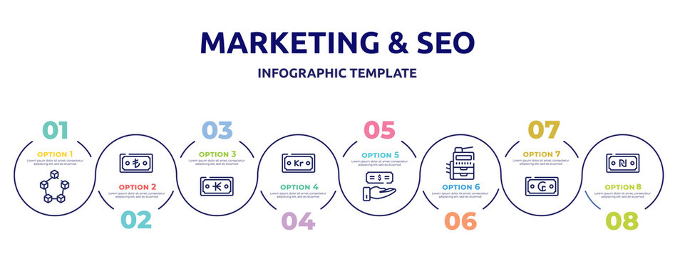 marketing & seo concept infographic design template. included trojan, low performance, film strip, graphic card, optimization, analytic, sport clothes, comments icons and 8 option or steps.