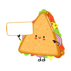 Cute funny sandwich with poster character. Vector hand drawn cartoon kawaii character illustration icon. Isolated on white background. Sandwich character concept