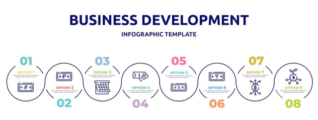 Fototapeta na wymiar business development concept infographic design template. included launching, strategic, encrypted, productivity, intuitive, jigsaws, node, flowchart icons and 8 option or steps.