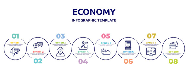 economy concept infographic design template. included facilities, explanation, peer to peer, pen container, authorization, competitor, add to cart, money flow icons and 8 option or steps.