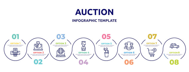 auction concept infographic design template. included paper shredder, bank online, intranet, sand clock, auctioneer, peer to peer, add to cart, old car icons and 8 option or steps.