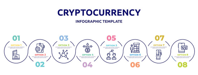 cryptocurrency concept infographic design template. included department, instructions, decentralized, pathway, competitor, retailer, penalty, online banking icons and 8 option or steps.