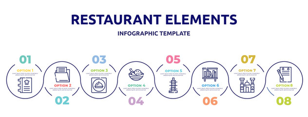 restaurant elements concept infographic design template. included cookbook, file folder, restaurant app, spicy food, null, bookshelves, cathedral of morelia, padnote icons and 8 option or steps.