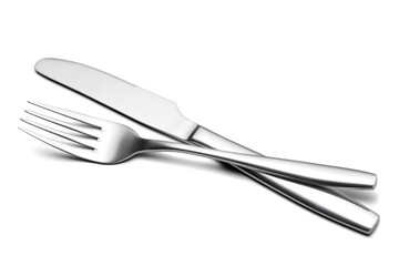 The metal shiny fork and knife on a white background.