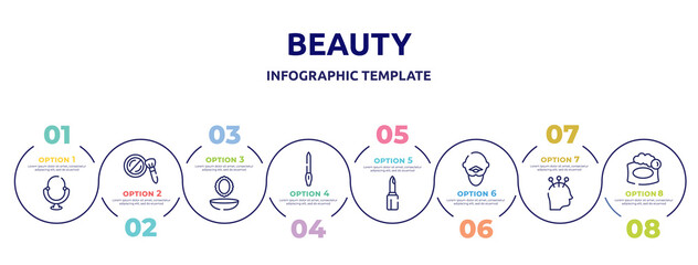 beauty concept infographic design template. included make up mirror, cheek brush, powder and mirror, nail file, lipstick cosmetic, bold man with moustache, acupuncture, soap bar icons and 8 option