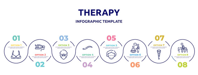 therapy concept infographic design template. included brassiere, straighten, bald, eyebrow, botox, therapy, makeup brush, physiotherapy icons and 8 option or steps.