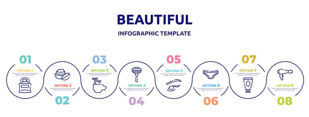beautiful concept infographic design template. included parfume bottle, face cream, hair washing sink, disposable razor, two eyeliners, panties, shaving cream, electric hairdryer icons and 8 option