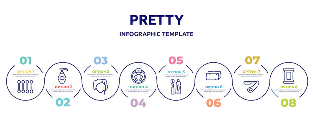 pretty concept infographic design template. included cotton swabs, liquid soap, beauty treatment, big scale, toothbrush and toothpaste, pillow, straight razor, makeup remover wipes icons and 8