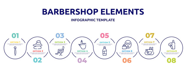 barbershop elements concept infographic design template. included two hairpins, spa stones, beauty salon chair, finger with nail, inclined bottle, mudpack, cosmetic bag, after shave icons and 8
