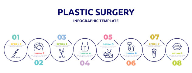 plastic surgery concept infographic design template. included scalpel, curling hair, medical tools, , aroma, electric razor, shaver, lip augmentation icons and 8 option or steps.